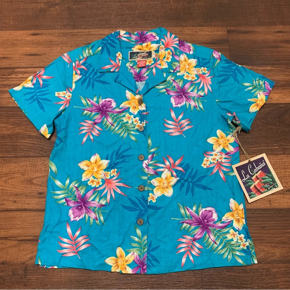 La Cabana Women Sz S Button Up Floral Hawaiian Shirt Top Short Sleeve Tropical